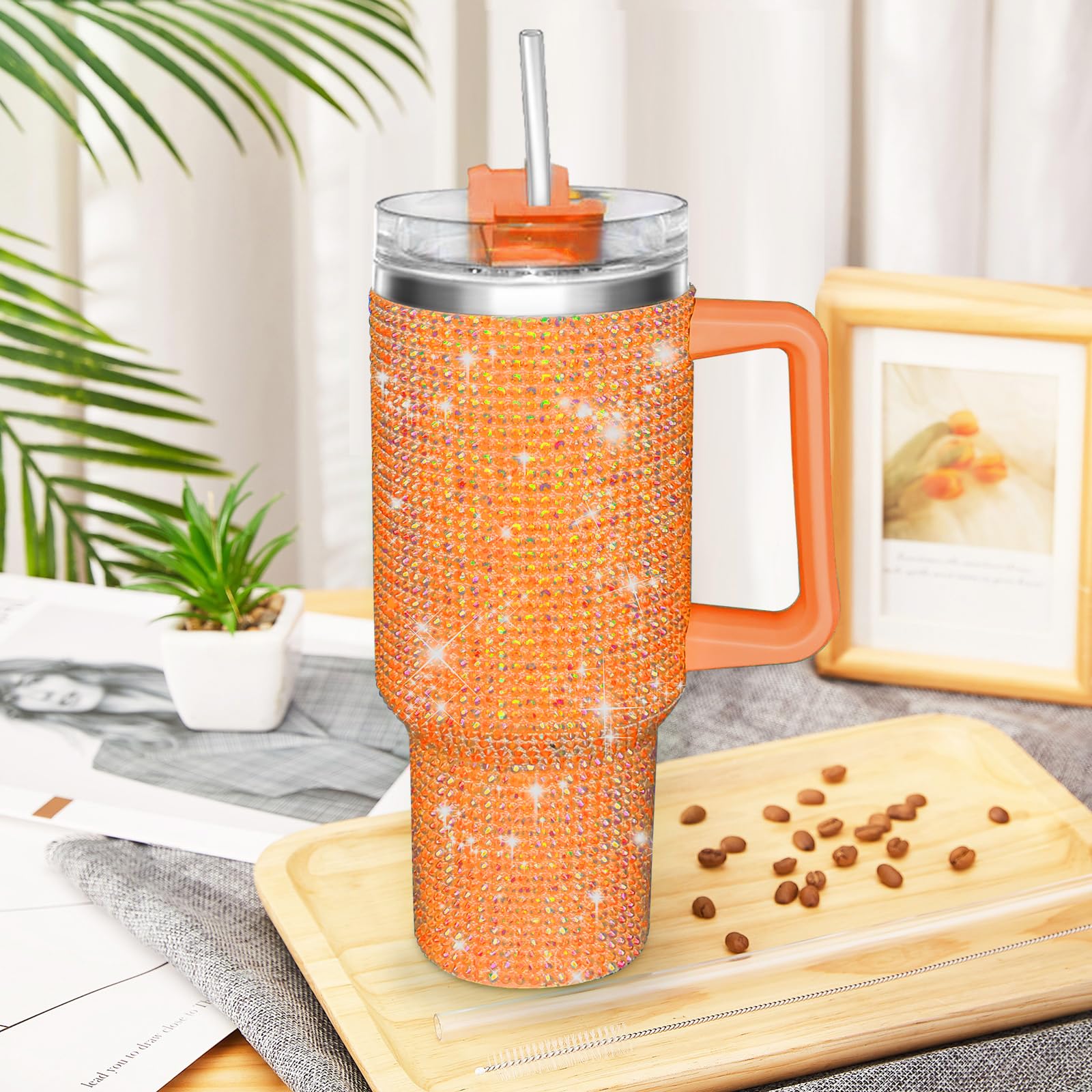 HWISDMIG 40oz Tumbler with Handle-Glitter Rhinestones Tumbler Bling Cups Stainless Steel Water Bottle Diamond Studded Tumbler for Women-Birthday Gifts for Women, Mom, Girlfriend (Amethyst)
