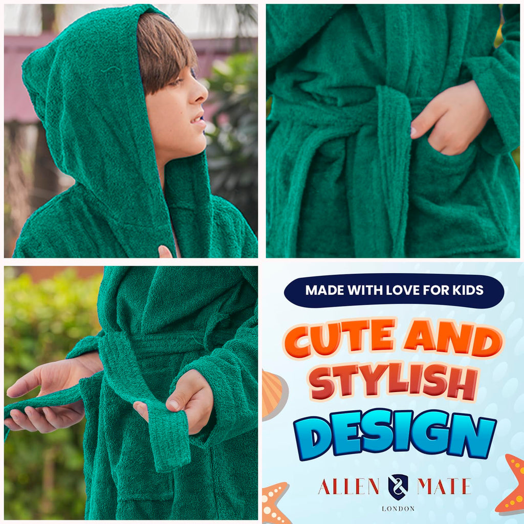 ALLEN & MATE 100% COTTON Hooded Kids Bathrobe – Soft, Medium Weight Absorbent Bath Towel Robe for Boys & Girls, 6-15 Years