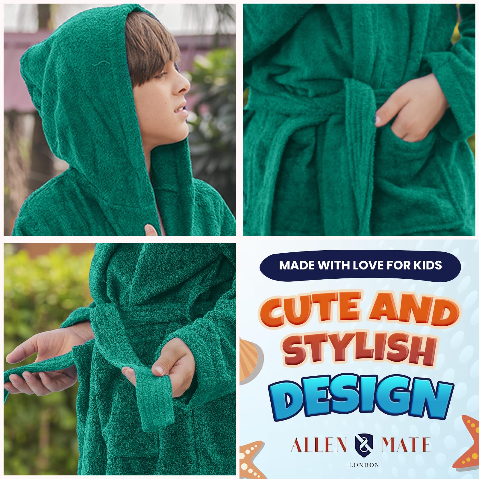 ALLEN & MATE 100% COTTON Hooded Kids Bathrobe – Soft, Medium Weight Absorbent Bath Towel Robe for Boys & Girls, 6-15 Years