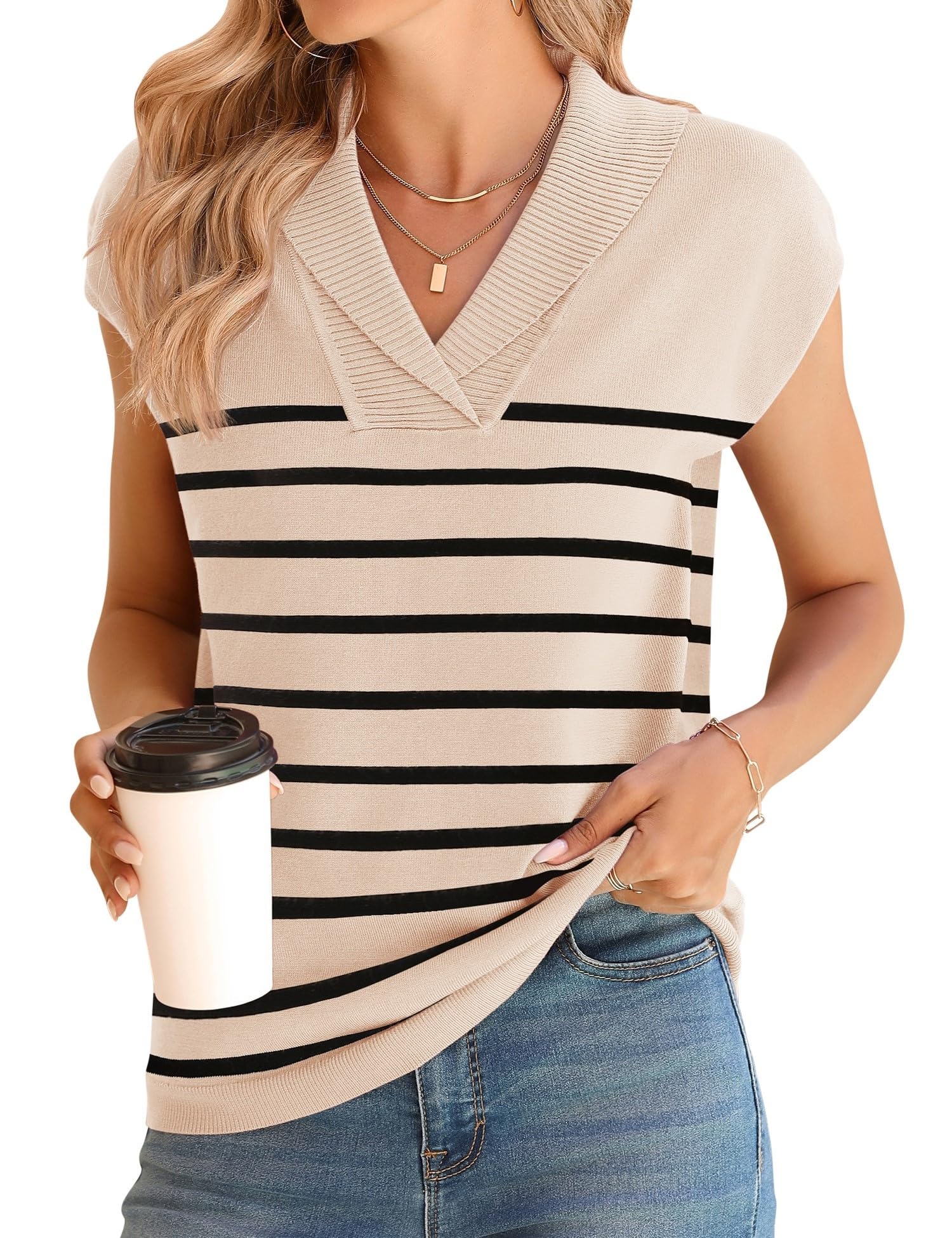 Ivicoer Sweater Vest Women V-Neck Knitted Pullover Short Cap Sleeve Collared Tops Dressy Casual 2025 Summer Fashion Trendy