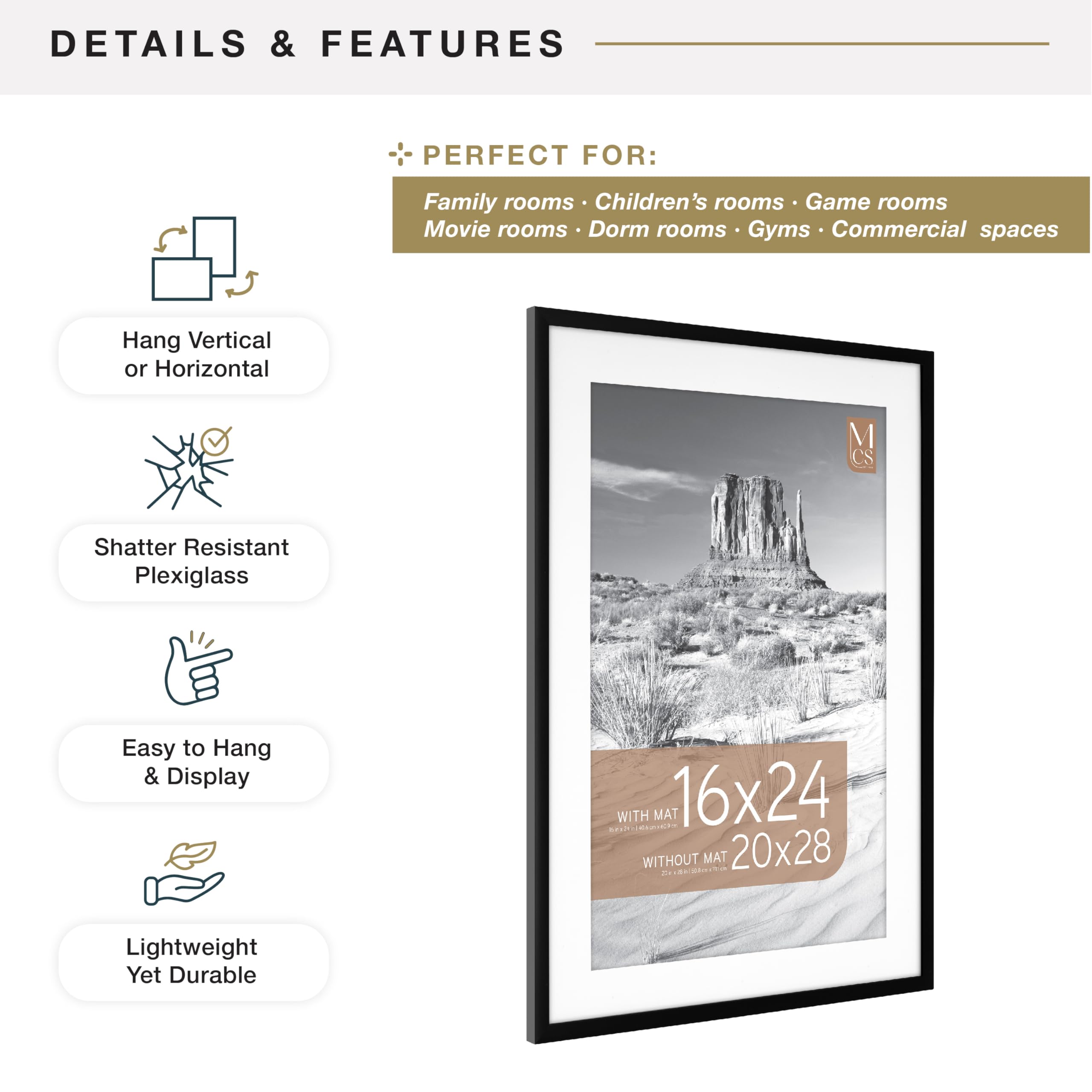 MCS Everline Collection 14x20 Matted Poster Frame with 11x17 Picture Display, Black Vertical & Horizontal Wall Hanging Large Frame for Photos, Posters & Art Prints (1-Pack)