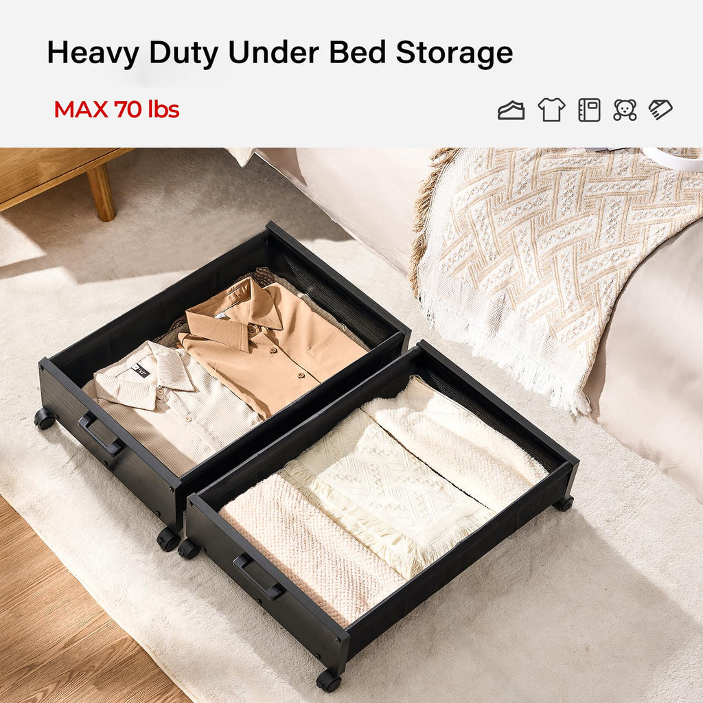 FOUCSSOMEI Under Bed Storage with Wheels, Wooden Under Bed Drawers On Wheels, Rolling Under Bed Shoe Storage, Space Saving, Black,30L