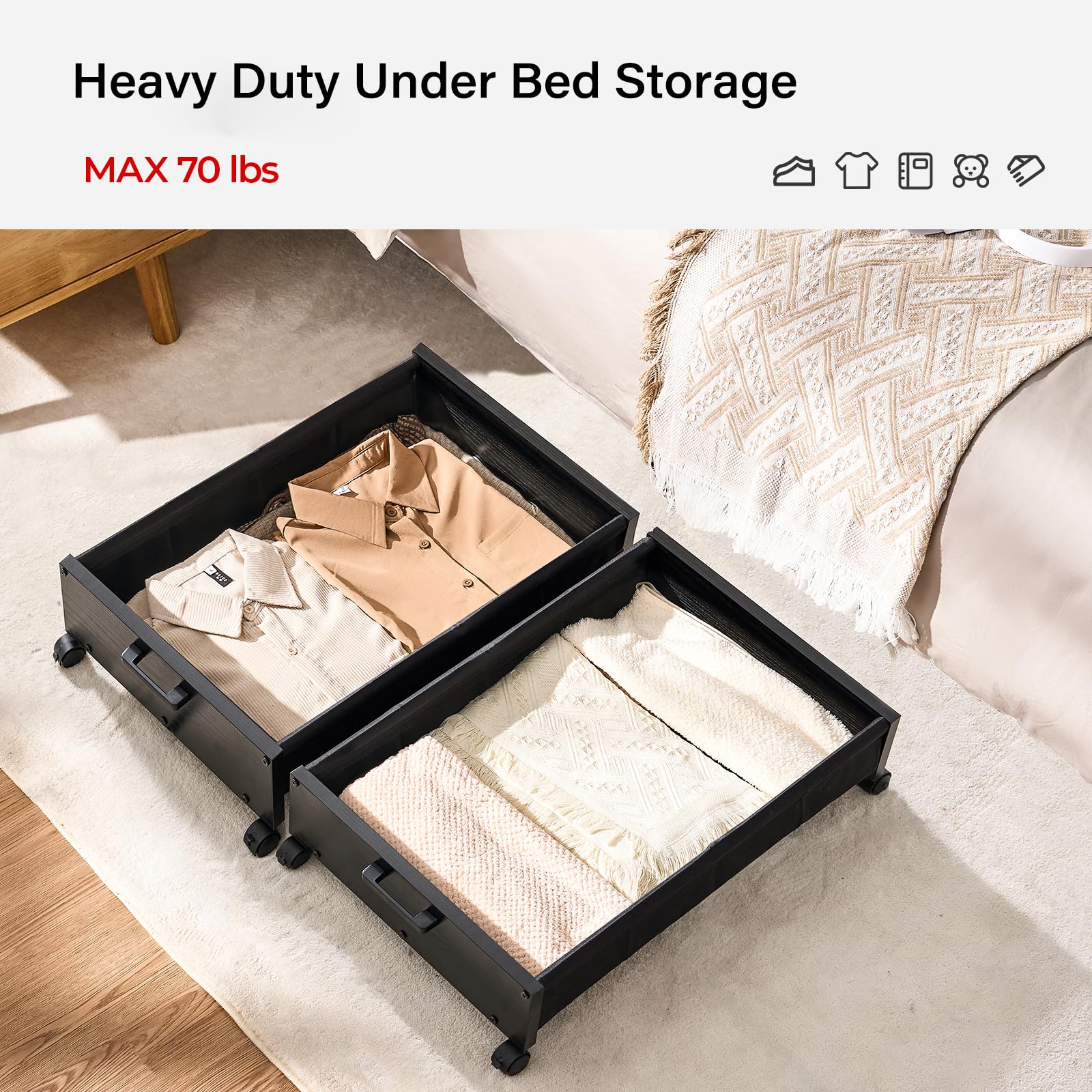 FOUCSSOMEI Under Bed Storage with Wheels, Wooden Under Bed Drawers On Wheels, Rolling Under Bed Shoe Storage, Space Saving, Black,30L