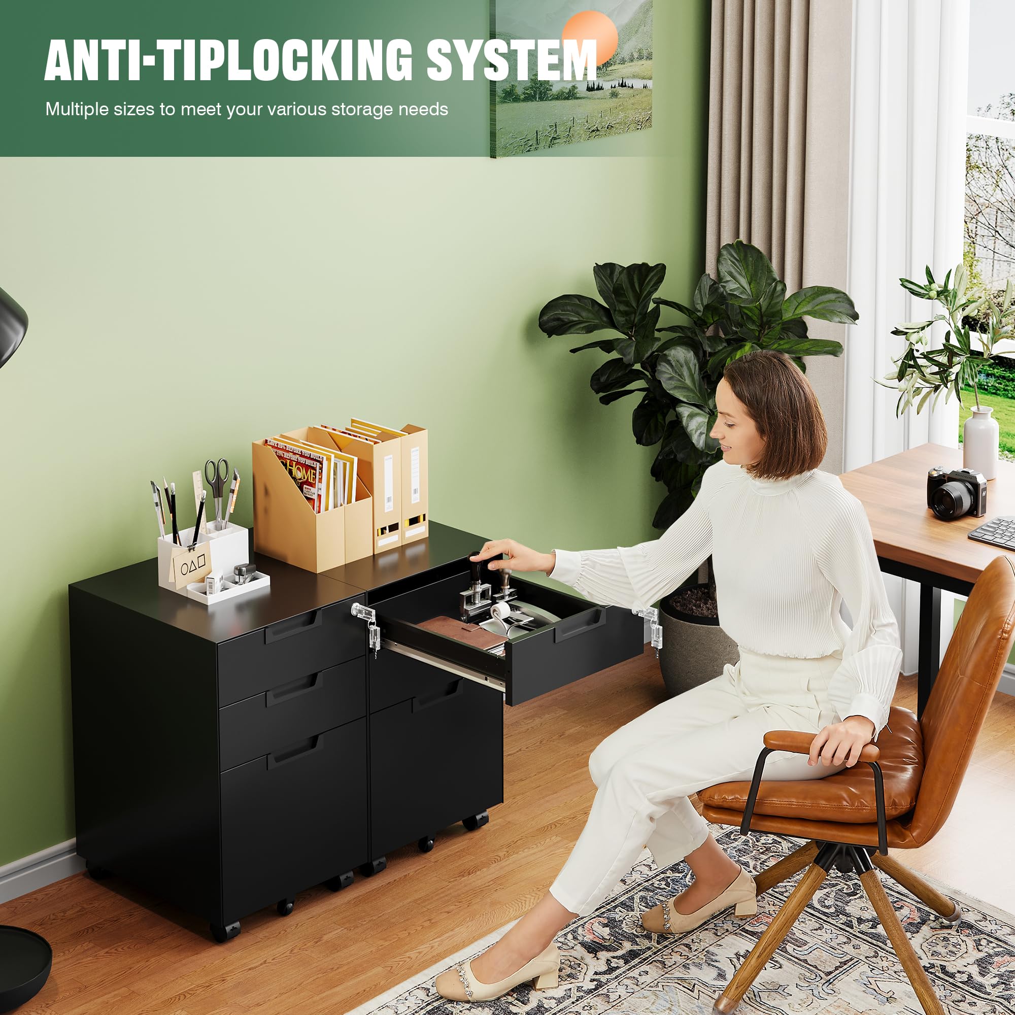 Letaya 3 Drawer Mobile File Cabinet with Lock,Under Desk Metal Small Filing Cabinets for Home Office Organizer Letters/Legal/A4(Fully Assembled Except Wheels-Black)