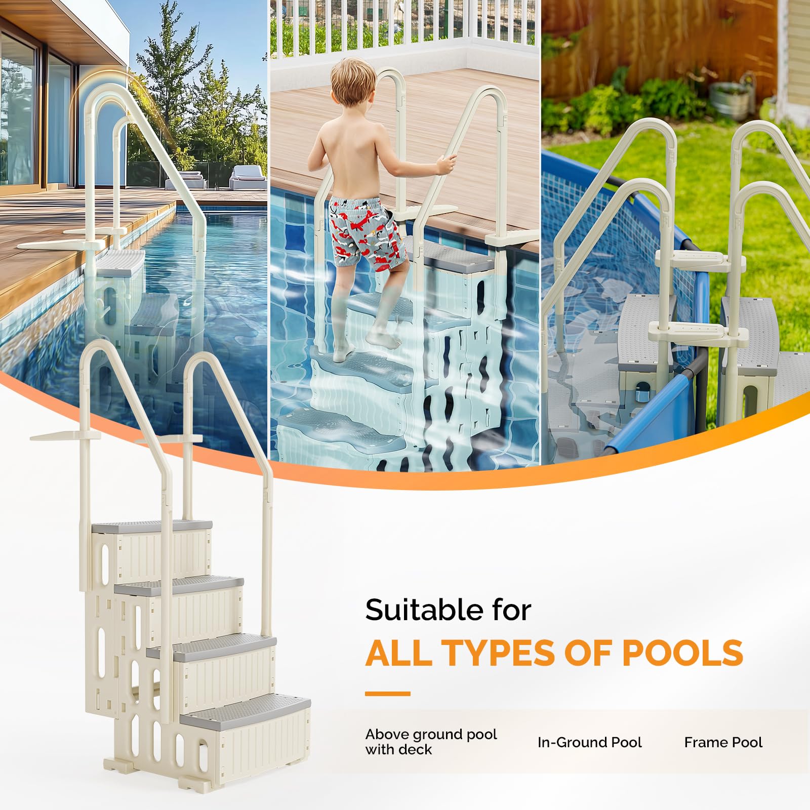 VINGLI Pool Ladder Heavy-Duty Safety Step for Above Ground Pools Stair Entry System with Handrails, Beige and Grey (Beige &Gray, 4 Steps)