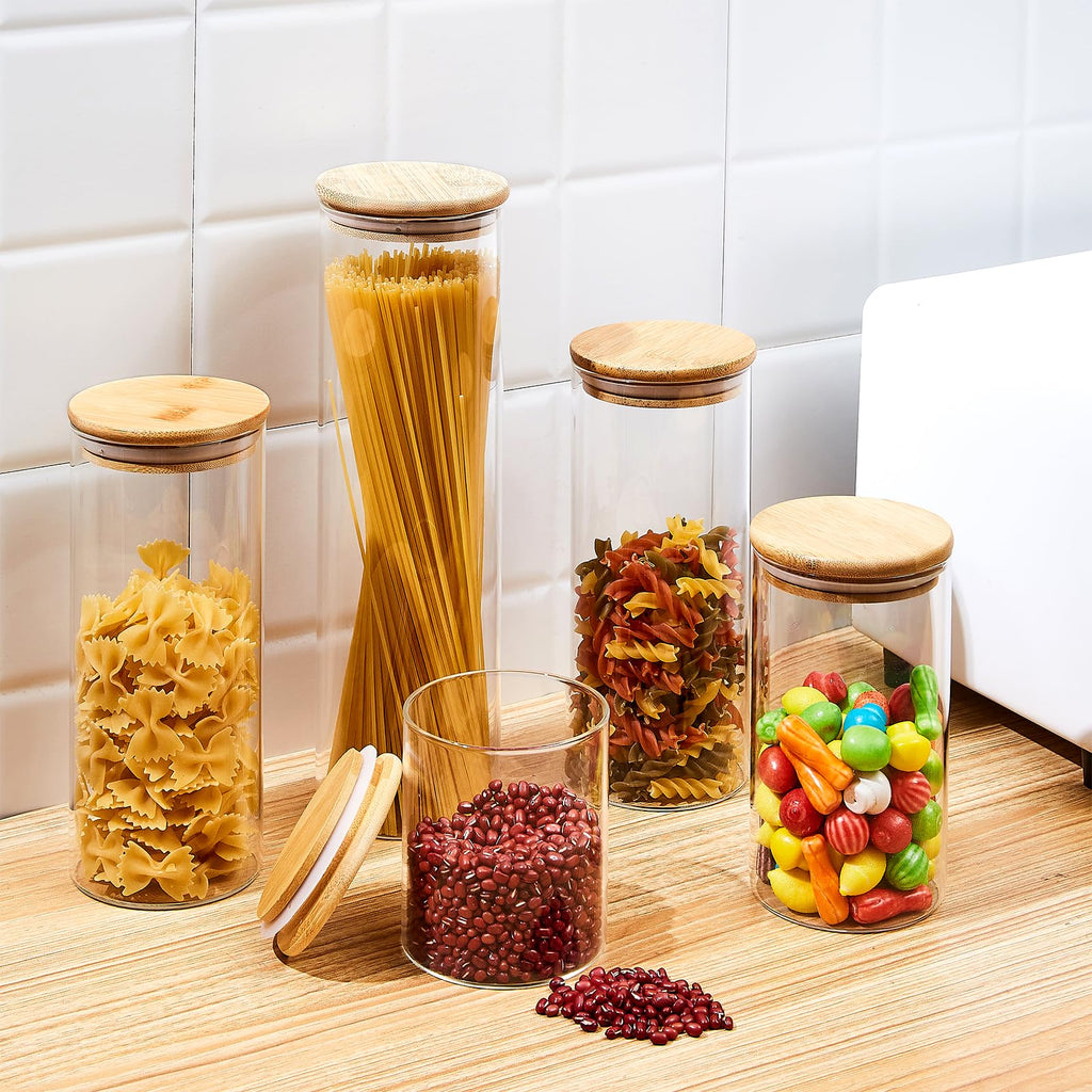 SHOWIN 73oz Glass Pasta Storage Jars, Tall Glass Jars with Bamboo Lids, Spaghetti Container, Set of 3, Kitchen Storage Containers for Pasta, Pantry Organizers