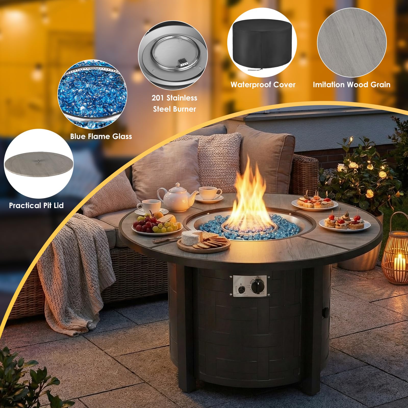 TLGREEN Propane Fire Pit Table 30 Inch Round – 50,000 BTU Outdoor Fire Pit with Lid, Converts to Patio Coffee Table, Certified, Includes Waterproof Cover & Blue Fire Glass(Grey)