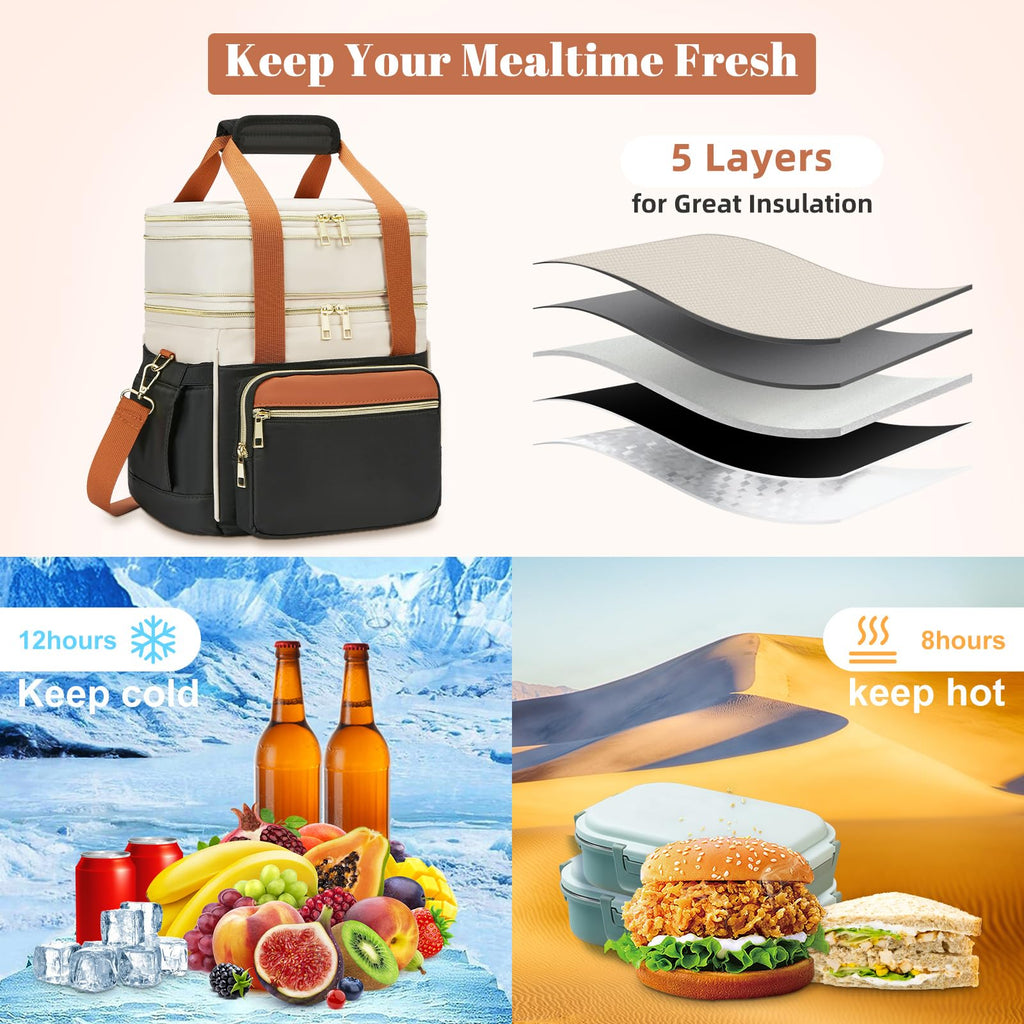 holuxer Insulated Lunch Bag & Lunch Box for Men - Double Deck Reusable Lunch Bag for Women Tote Cooler Bag Leakproof Soft Expandable - Large Lunchbox for Work/Adult/Picnic/Outdoor (Black，15L)