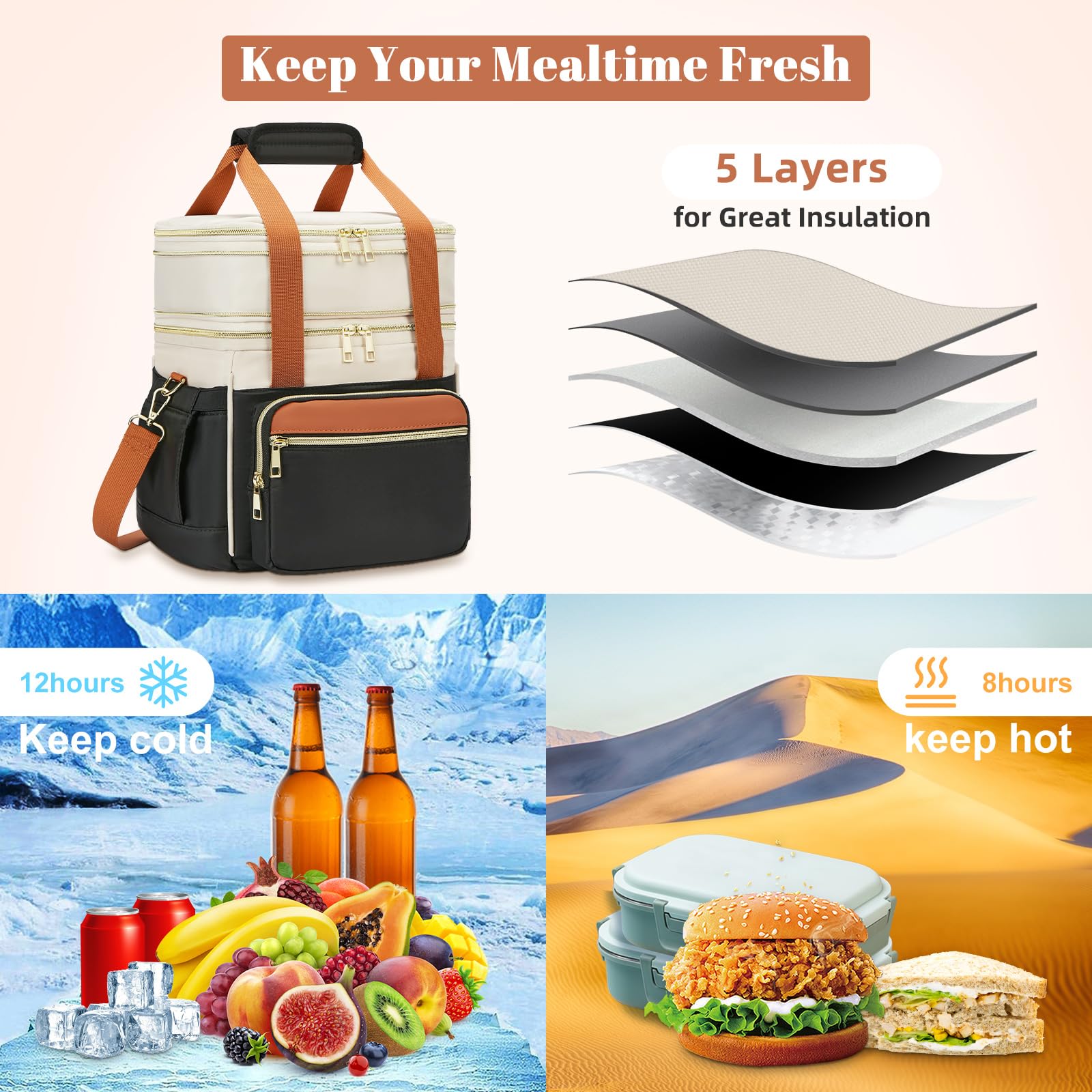 holuxer Insulated Lunch Bag & Lunch Box for Men - Double Deck Reusable Lunch Bag for Women Tote Cooler Bag Leakproof Soft Expandable - Large Lunchbox for Work/Adult/Picnic/Outdoor (Black，15L)