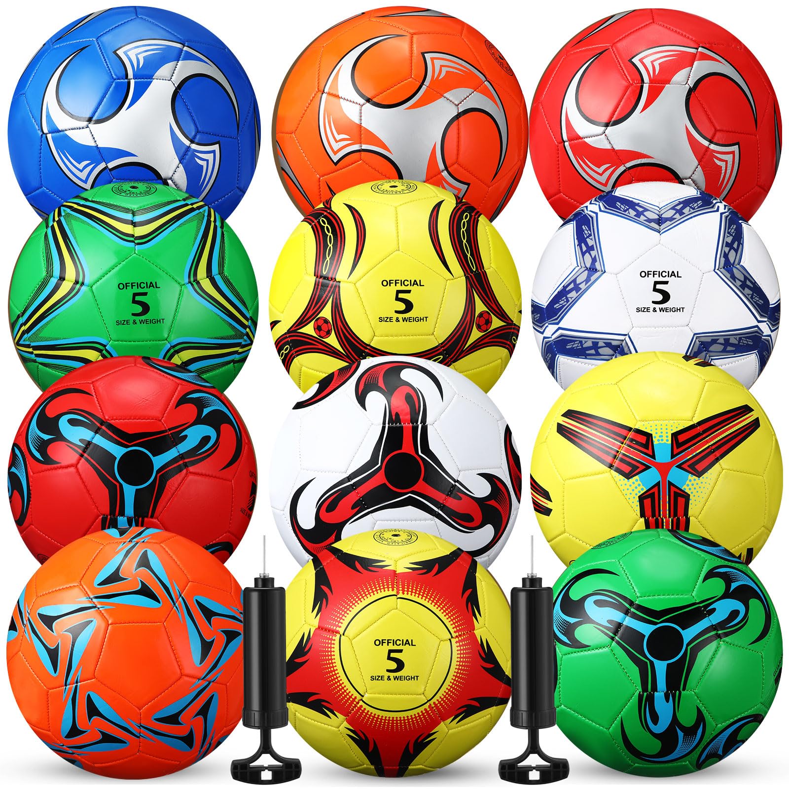 Lunmon 12 Pcs Bulk Soccer Balls with 2 Pump Official Size Deflated Ball Football for Indoor Outdoor Game Sports Training Adult Players Soccer Birthday Gift Global