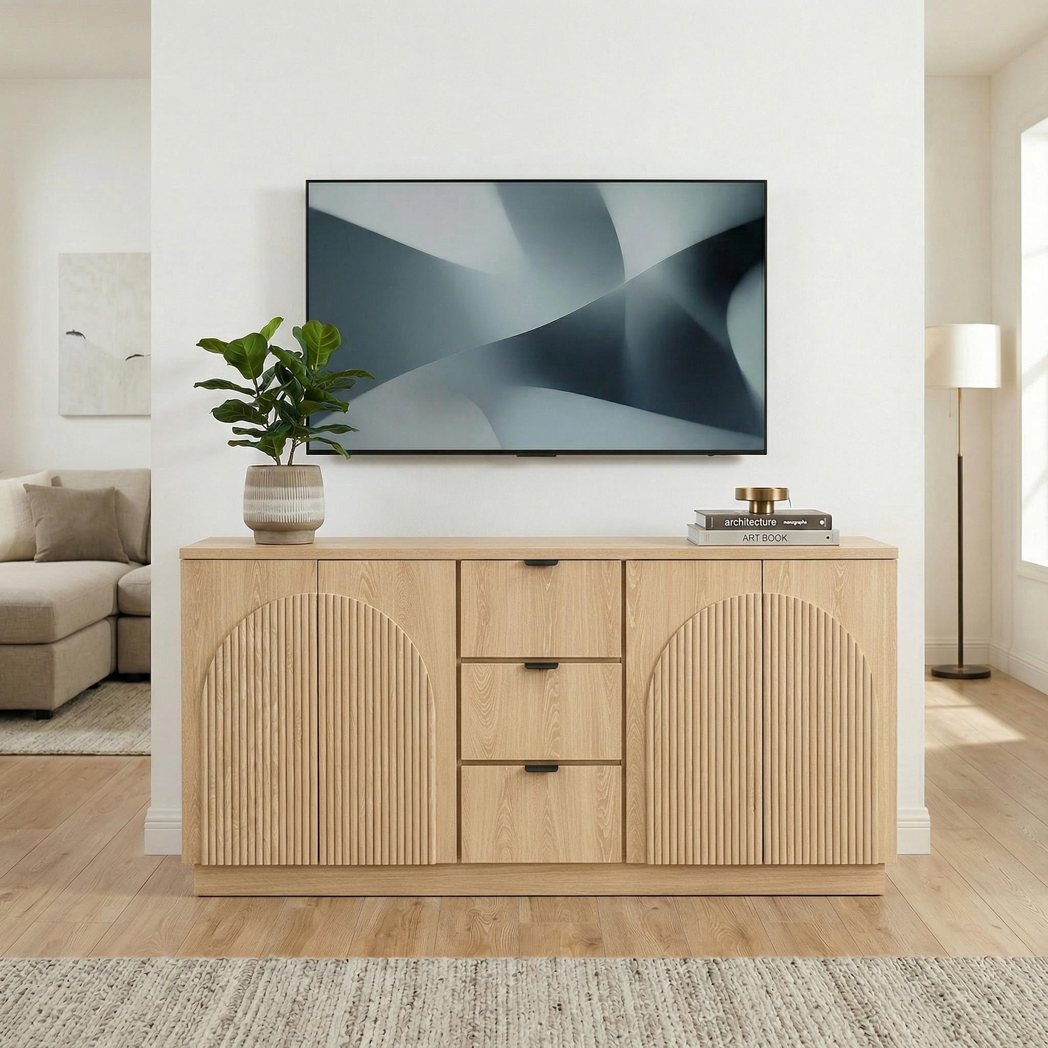 Yechen 55" Fluted Sideboard Buffet Cabinet with Storage, Wood Mid Century Modern Credenza Cabinet w/Arched Reeded Doors & Adjustable Shelves for Kitchen, Living Room, Entryway