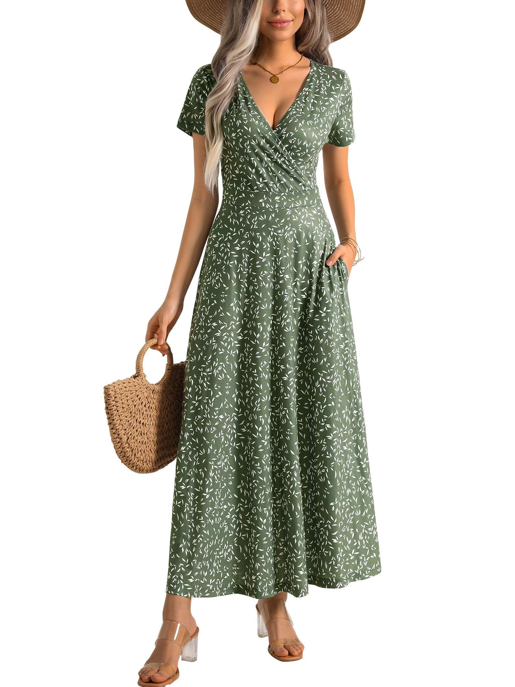 HUHOT Women's Short Sleeve Wrap V Neck Dresses for Wedding Guest Summer Floral Maxi Sundresses with Pockets Boho Dress