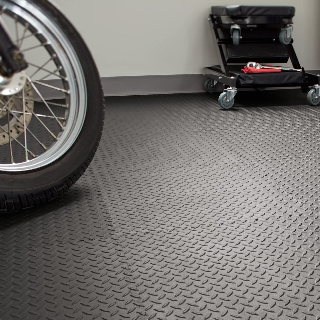 VersaTex Garage Floor 18 x 18 inch Square Rubber Diamond Plate Interlocking Floor Tiles for Home Gym, Garage Flooring, Trade Show Flooring, Basement Tiles, 24 Pack (Black)