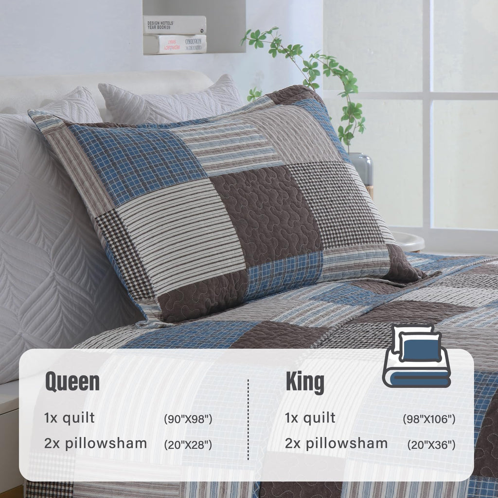 Y-PLWOMEN 100% Cotton Farmhouse Plaid Lightweight 3-Pieces Quilt Set (Blue Brown, Queen90 * 98 Inch)