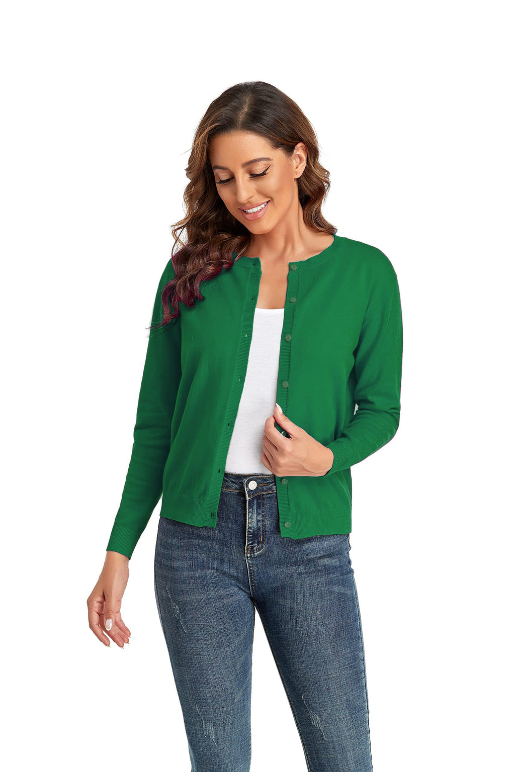 CUNYI Women's Crew Neck Cardigan Long Sleeve Sweater for Women Button Down Soft Knit Ladies Cardigan Sweates Coat