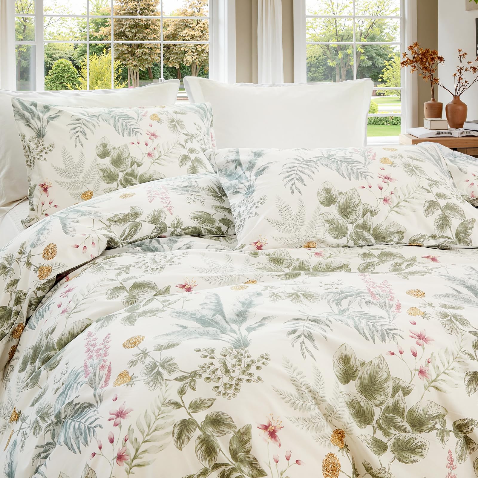 100% Natural Cotton Comforter Set Queen 3 Pcs Grayish Blue Bedding Sets with Luxurious Damask Pattern, Reversible Breathable Soft Comforter Sets for All Season