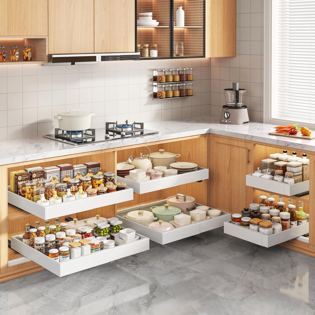 Seinloes 4 Pack Pull Out Cabinet Organizers 21" Deep With Raising Pad for Framed Cabinets, Expandable Width (15.2"-26.3") Slide Out Drawers Upgrade 3 Slide Rails, Roll Out Shelves Adhesive, Black