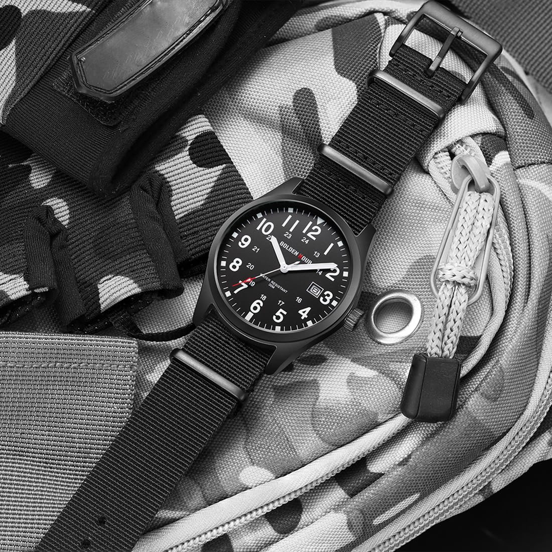GOLDEN HOUR Men's Nylon Slip-Thru Strap Watch with Military Time Easy Read Dial Glowing Hands