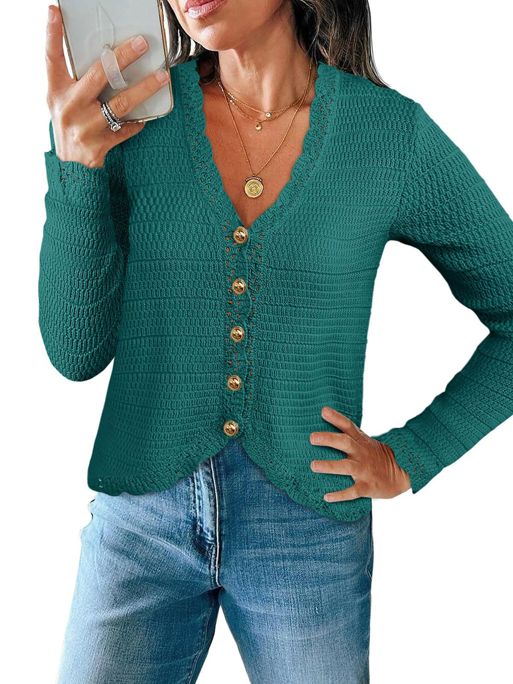Saodimallsu Womens V Neck Cardigan Sweaters Button Up Cropped Boho Knit Long Sleeve Loose Trendy Sweater Tops