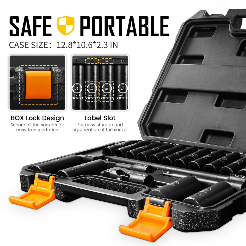 BOEN 1/2" Drive Deep Impact Socket Set, 11 Pieces Socket Set Metric 10-24mm, 6 Point Design, Cr-V Steel, Laser Marking, Durable Storage Case, Meets ANSI Standards