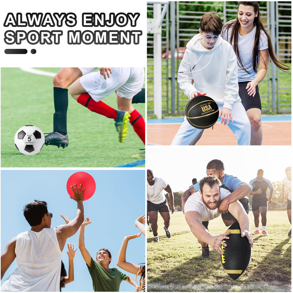 Lenwen 4 Pcs Sports Balls Set for Teen Adult, Include Official Size Basketball Soccer Football Playground Ball Pump Equipment Bag Ball Gifts Back to School