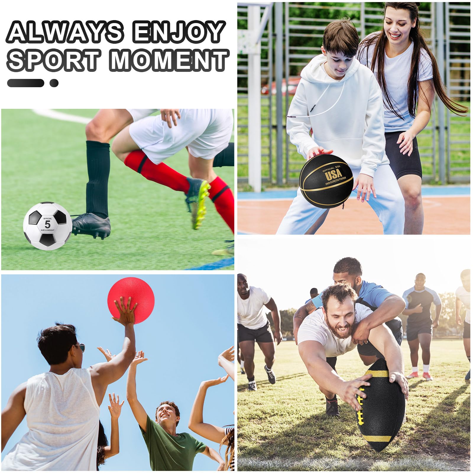 Lenwen 4 Pcs Sports Balls Set for Teen Adult, Include Official Size Basketball Soccer Football Playground Ball Pump Equipment Bag Ball Gifts Back to School