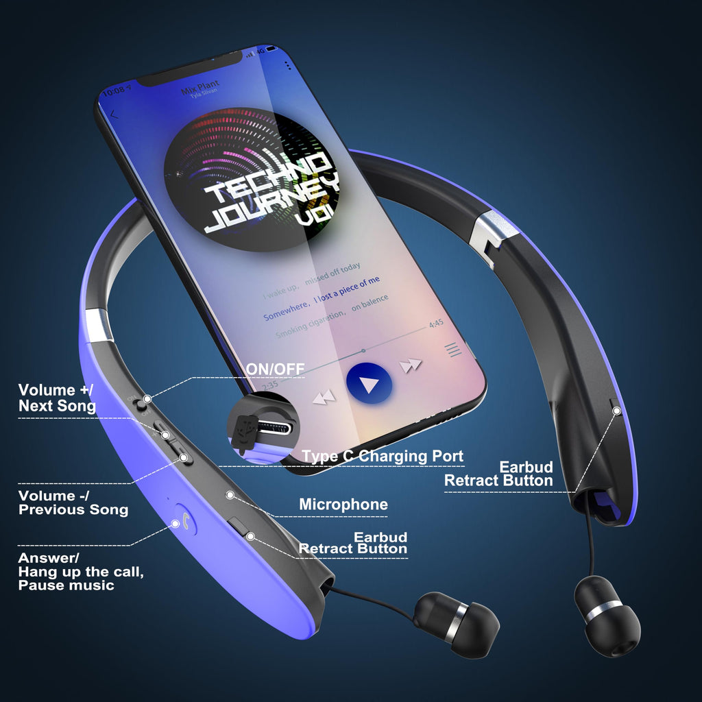 AMORNO Foldable Bluetooth Headphones Wireless Neckband Headset with Retractable Earbuds, Sports Sweatproof Noise Cancelling Stereo Earphones with Mic