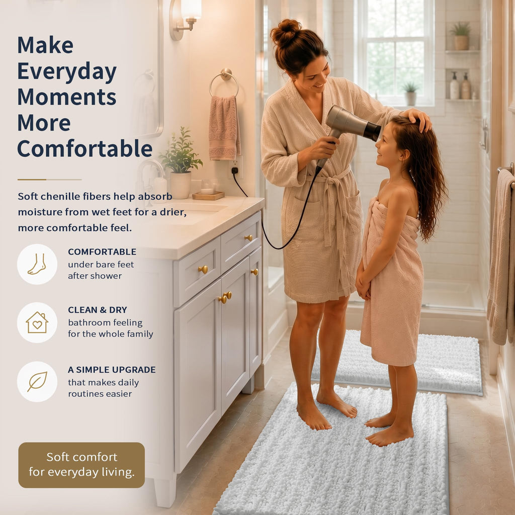 Yimobra Black Bathroom Rug Set 3 Piece - Super Absorbent Quick Dry Chenille Bath Mats & Toilet Rug, Non Slip Machine Washable, Extra Thick Shaggy Floor Mat for Shower Tub Sink