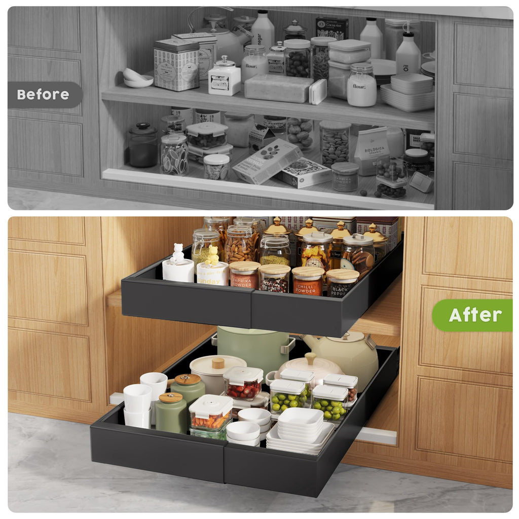 Seinloes 4 Pack Pull Out Cabinet Organizers 21" Deep With Raising Pad for Framed Cabinets, Expandable Width (15.2"-26.3") Slide Out Drawers Upgrade 3 Slide Rails, Roll Out Shelves Adhesive, Black