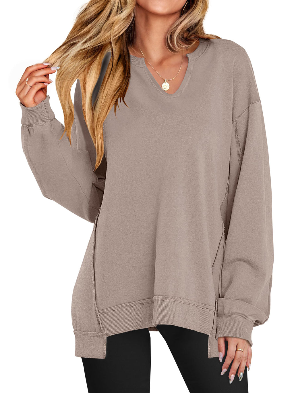 ANRABESS Women's Long Sleeve V-Neck Oversized Sweatshirts | Soft Lightweight Loose Fit Pullover Tops, Casual School Workout Office Tunic Shirts, Teen Girls Outfit, Fall Winter Clothes