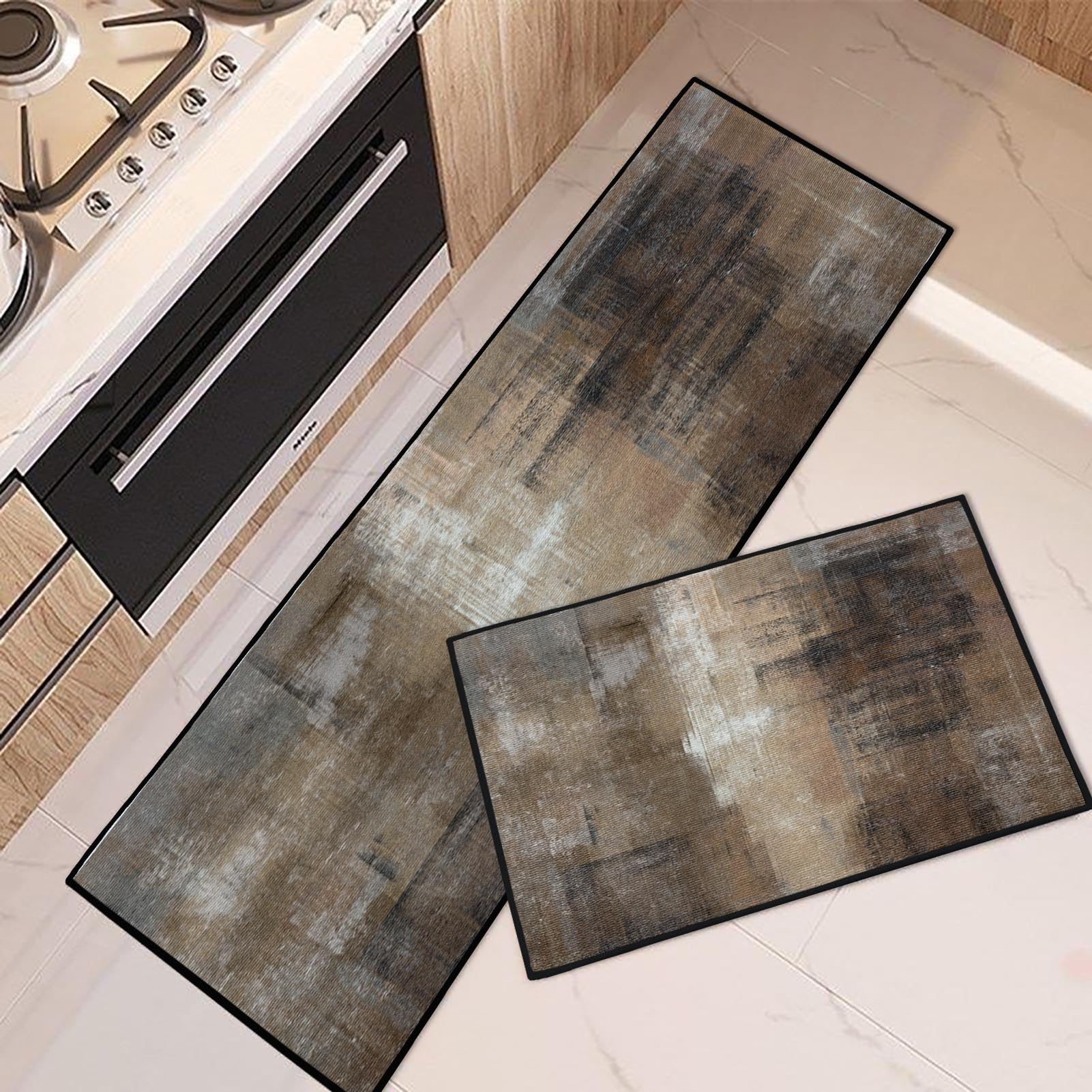 Blue Kitchen Rugs and Mats Non Skid Washable Set of 2, Grey White Modern Abstract Mats for Floor, Geometric Painting Runner Rug Graffiti Art Kitchen Decor
