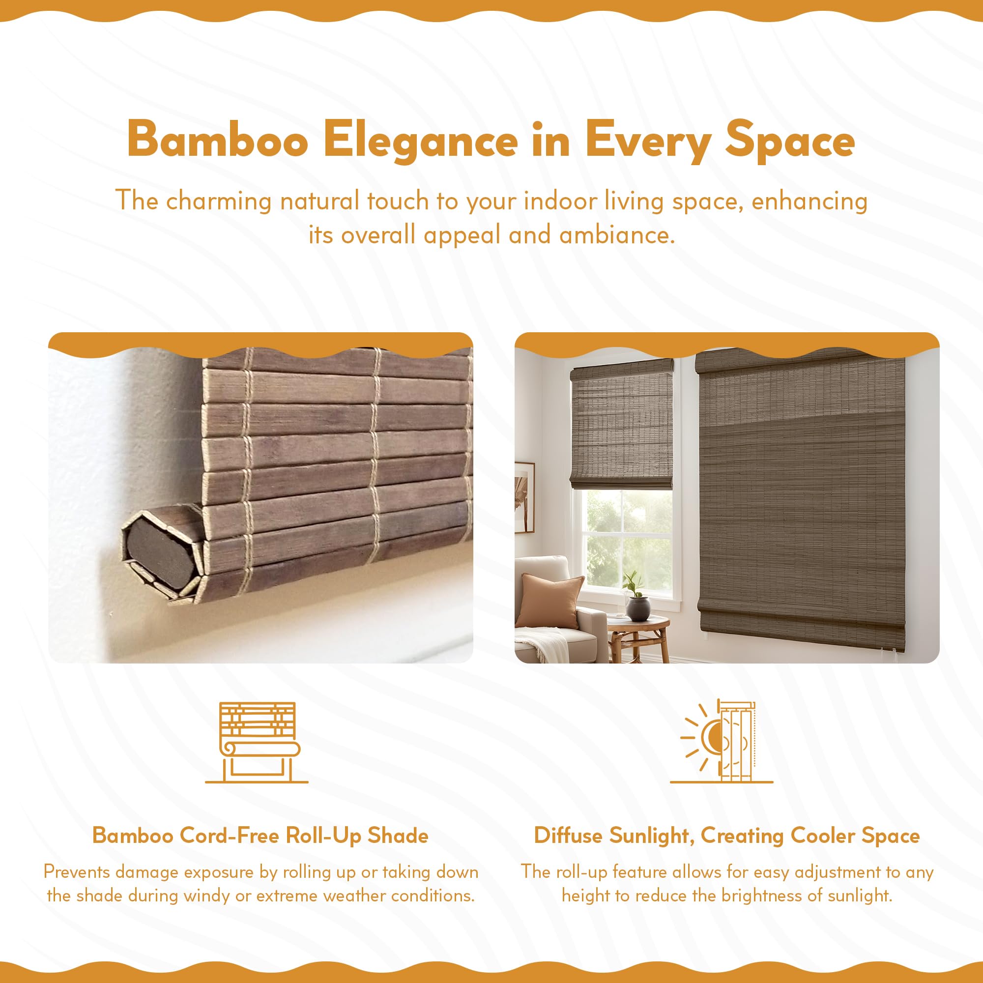 Radiance Cordless Bamboo Roman Shades for Windows - Flatstick Bamboo Blinds for Semi-Private Light Control - Easy to Lift & Fold Up Window Shades - Cocoa - 23 in. W x 64 in. L - (2216300E)