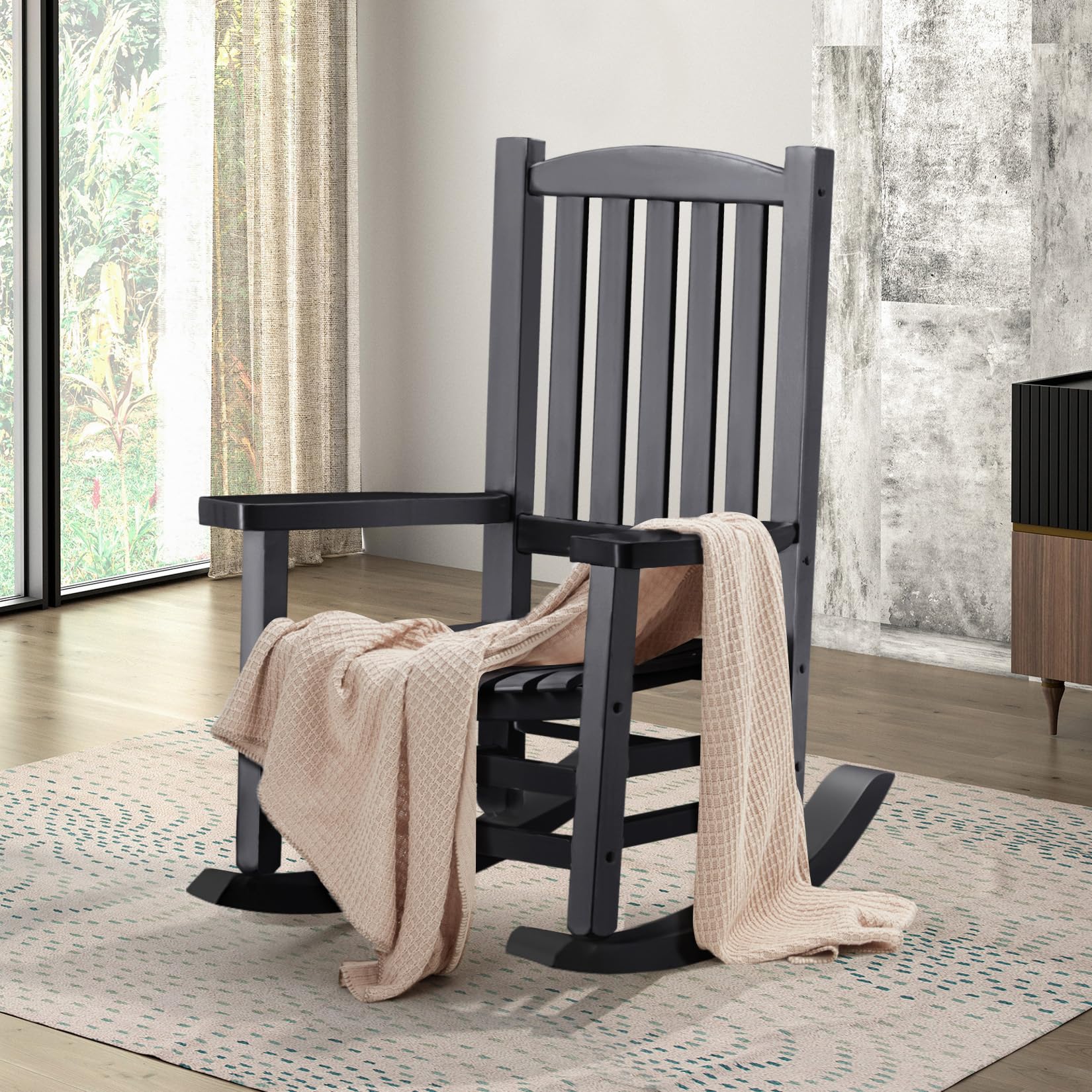 Hupmad Wooden Rocking Chair Outdoor Oversized Porch Rocker Chair,Patio Wooden Rocker with High Back and Armrest,All Weather Rocker Slatted for Backyard,Garden,400 lbs Support,Black