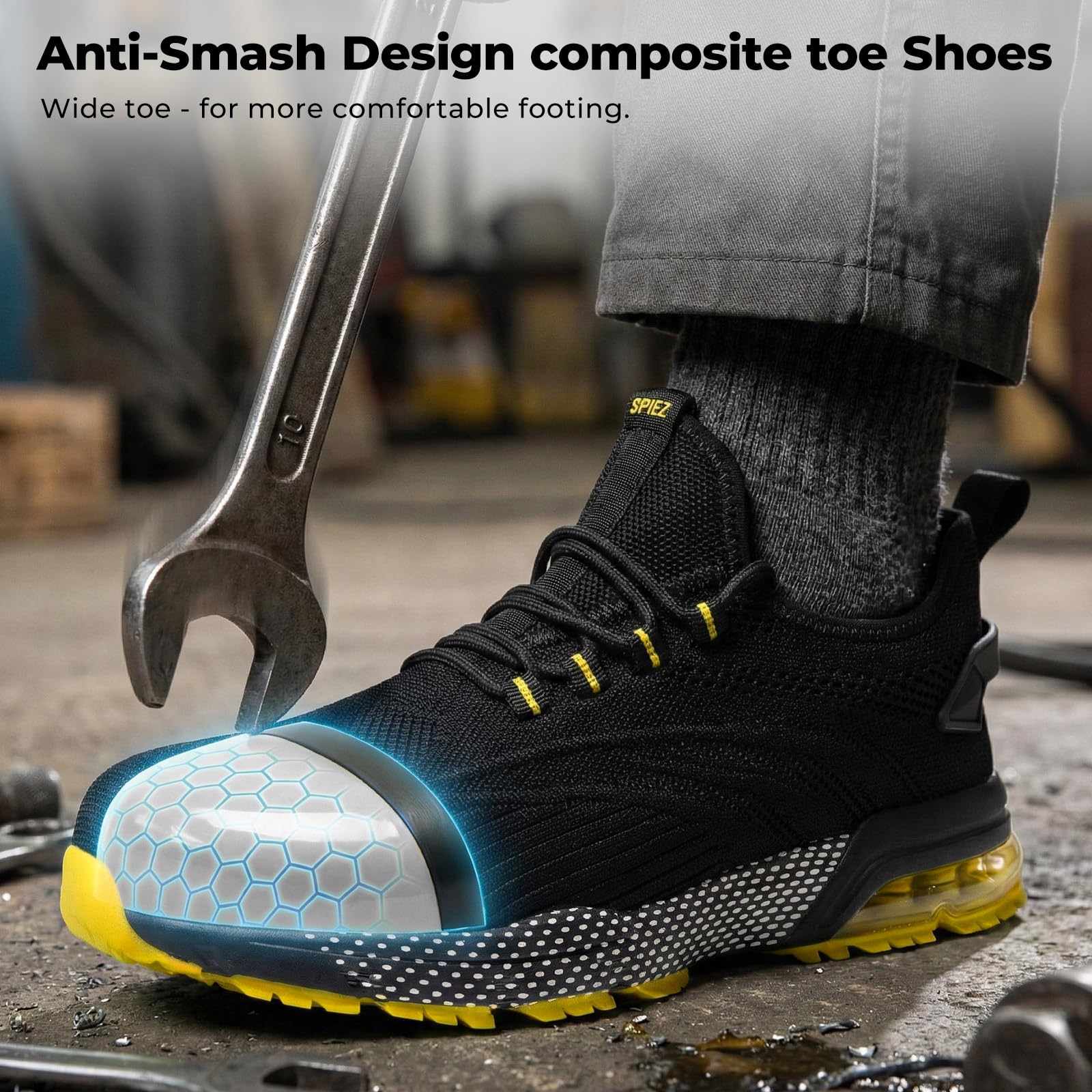SPIEZ Composite Toe Shoes for Men Women, Lightweight Breathable Non Steel Toe Safety Shoes, Puncture Proof Slip Resistant Work Sneakers for Construction,Warehouse,Black Blue/Black Yellow