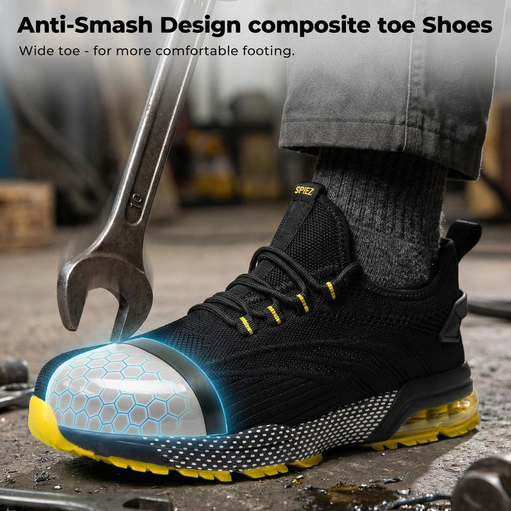 SPIEZ Composite Toe Shoes for Men Women, Lightweight Breathable Non Steel Toe Safety Shoes, Puncture Proof Slip Resistant Work Sneakers for Construction,Warehouse,Black Blue/Black Yellow