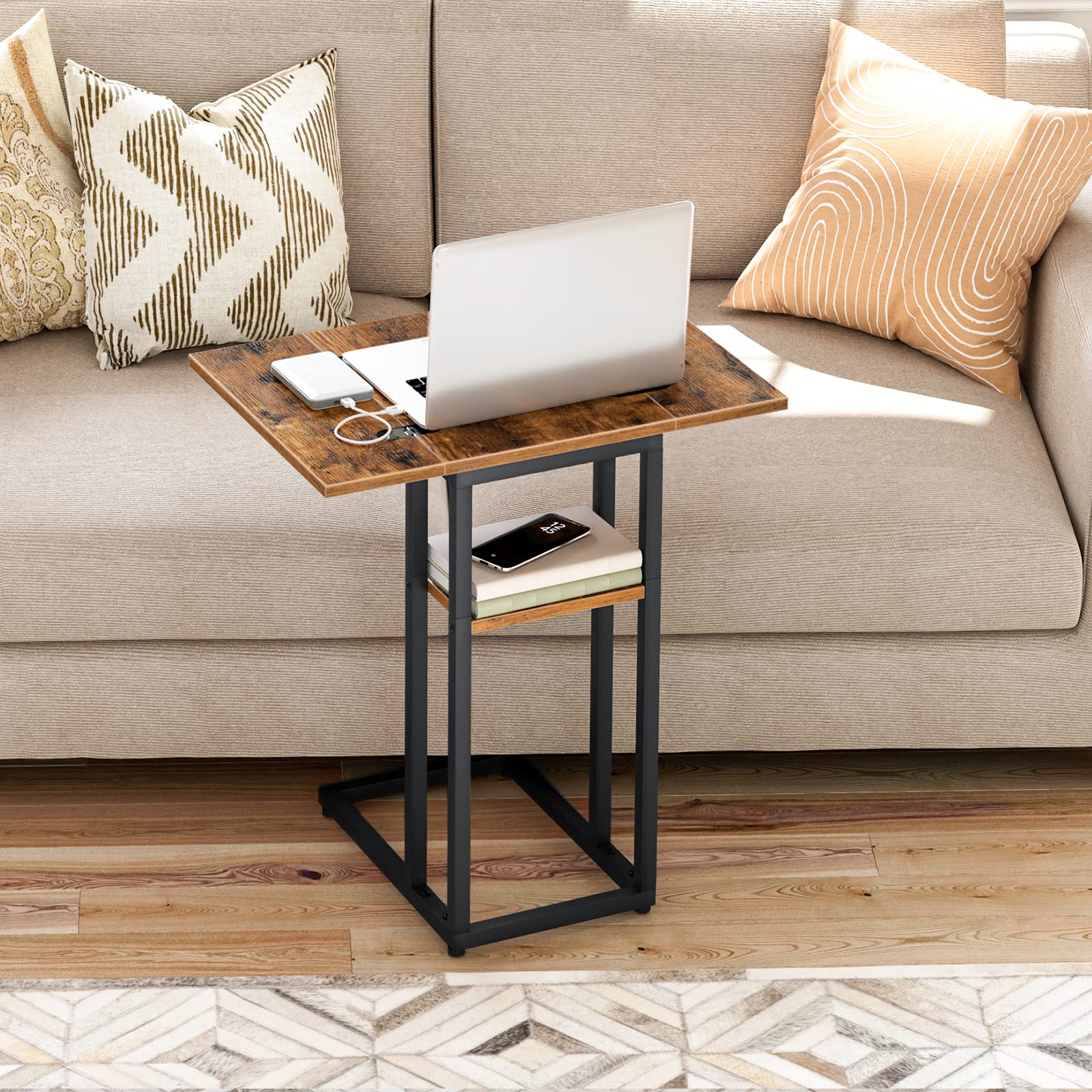 HOOBRO Foldable C Shaped End Table, C Shaped Side Table with Storage Shelf, Small Snack Table, Slide Under Couch Table for Sofa, Living Room Bedroom Small Spaces Easy Assembly, Black BK29SF01