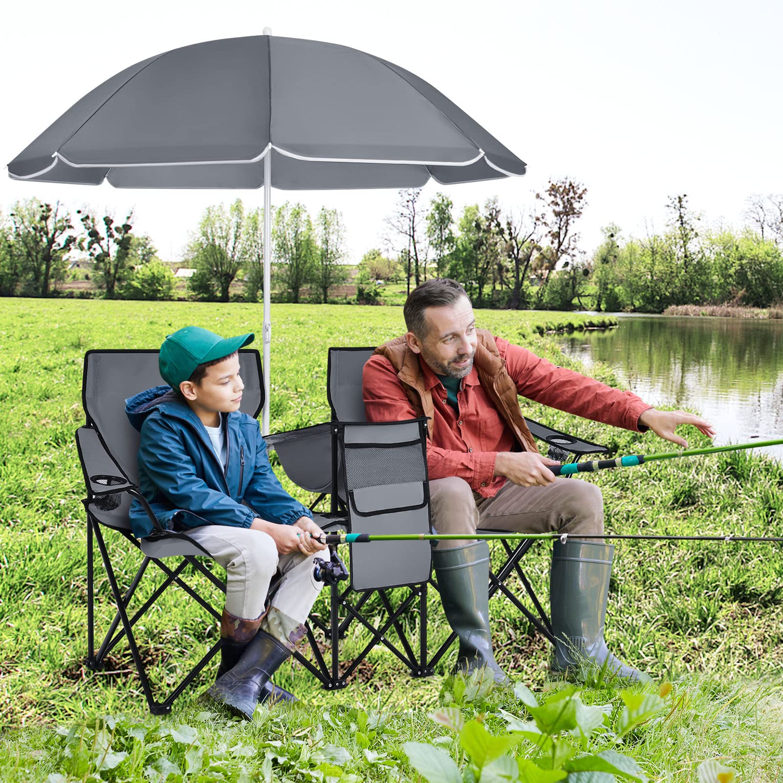 COSTWAY Double Portable Picnic Chairs, Folding Camping Chairs w/Detachable Umbrella, Cooler Bag, Cup Holders, Patio Beach Camping Chairs for Outdoors