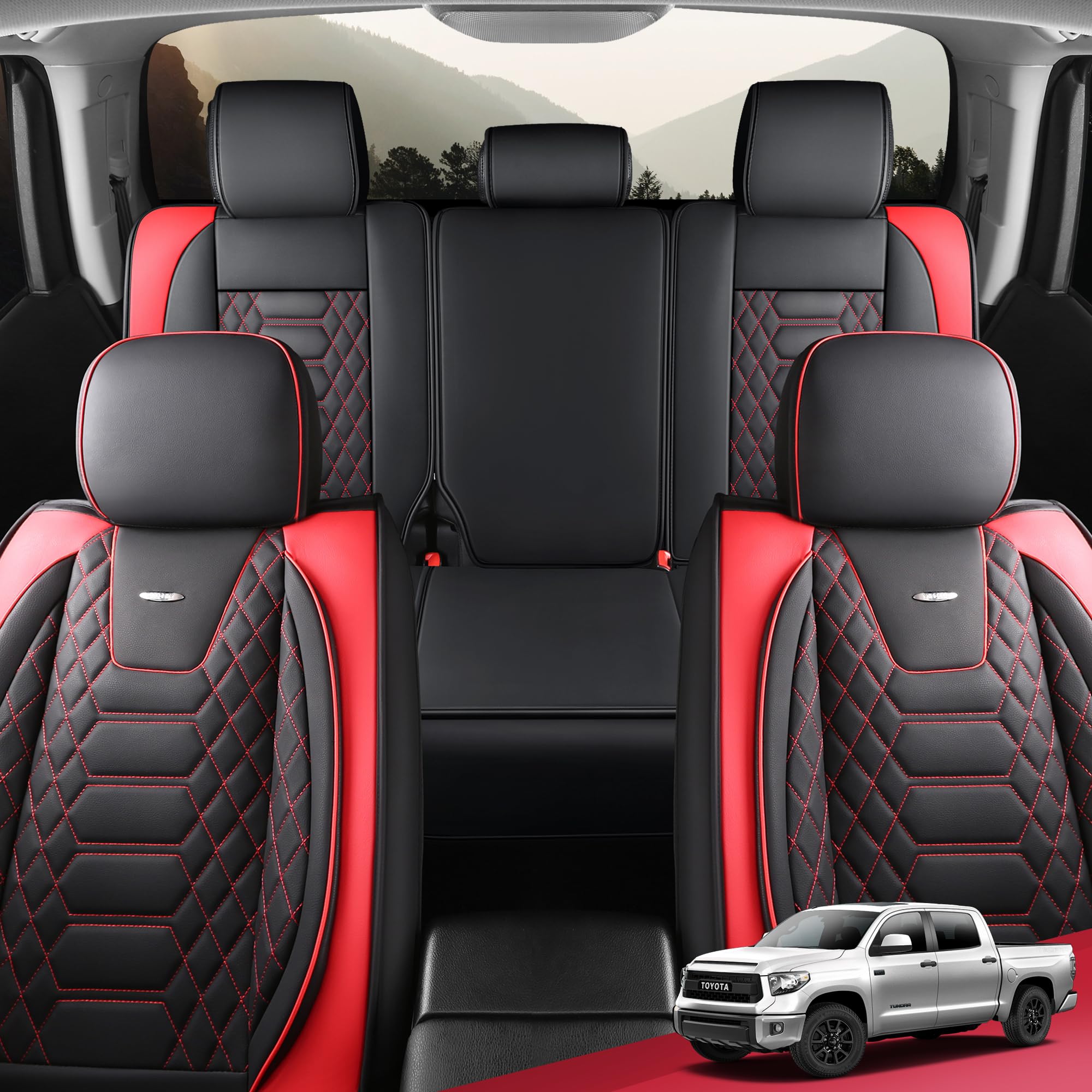 FREESOO Tundra Seat Covers 2007-2013, Fit for Toyota Tundra Crewmax Cab 5 Seats, Custom Truck Seat Covers with Waterproof Faux Leather Black