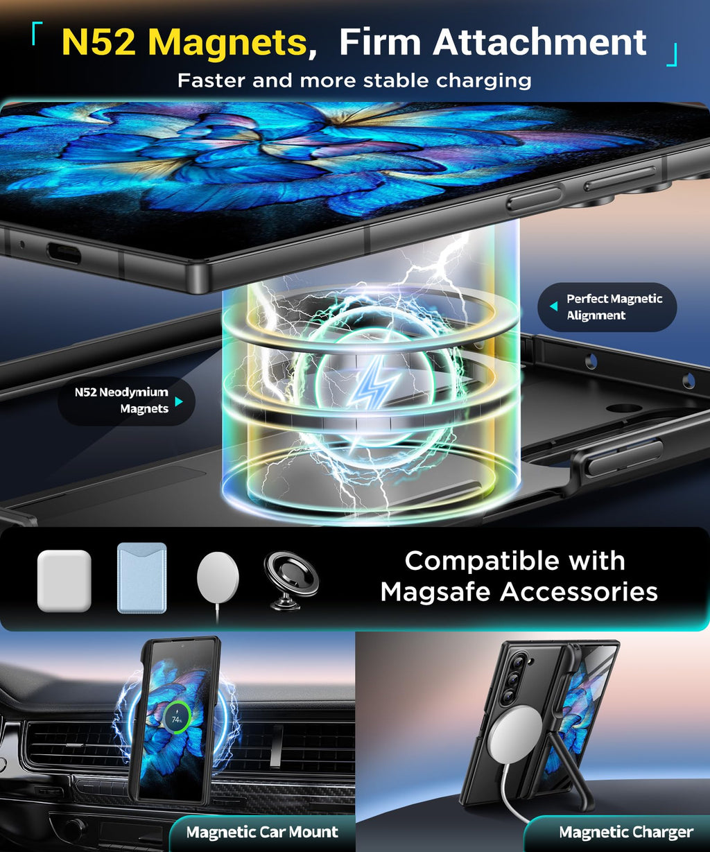 BERFY for Z Fold 6 Case with Screen Protector, [Compatible with MagSafe] Built-in Kickstand & S Pen Slot & Hinge Protection, Full Body Shockproof Phone Case for Samsung Galaxy Z Fold 6, Blue