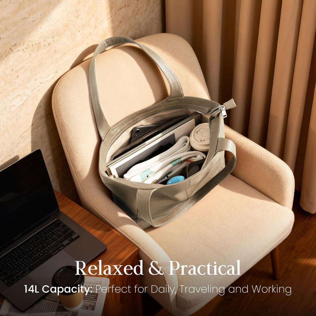 befen Soft Genuine Leather Tote Bag for Women Work with Zipper Slouchy Bags