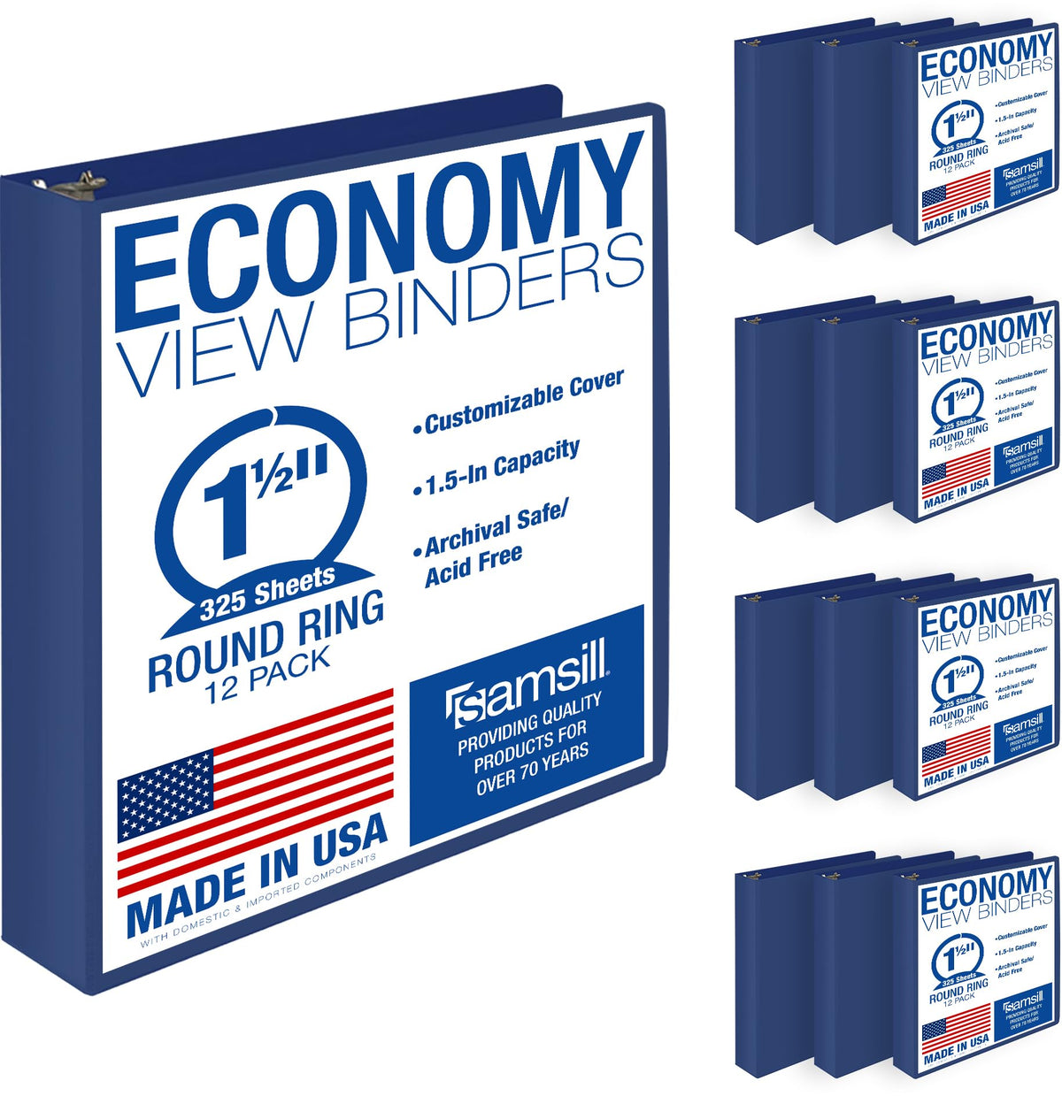Samsill 1 Inch 3 Ring Binders, Economy Round Ring, Clear View Cover, 200 Sheet Capacity - for School, Home, Office - Blue, 4 Pack