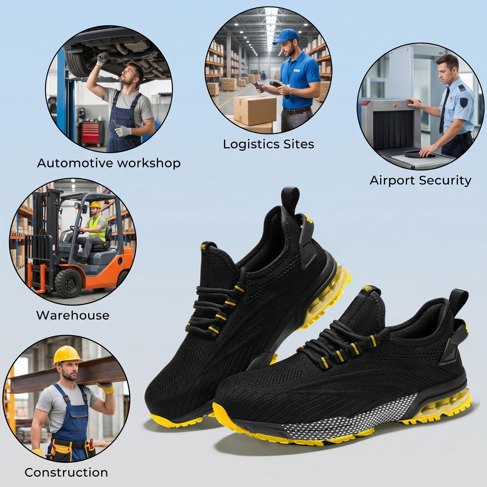 SPIEZ Composite Toe Shoes for Men Women, Lightweight Breathable Non Steel Toe Safety Shoes, Puncture Proof Slip Resistant Work Sneakers for Construction,Warehouse,Black Blue/Black Yellow
