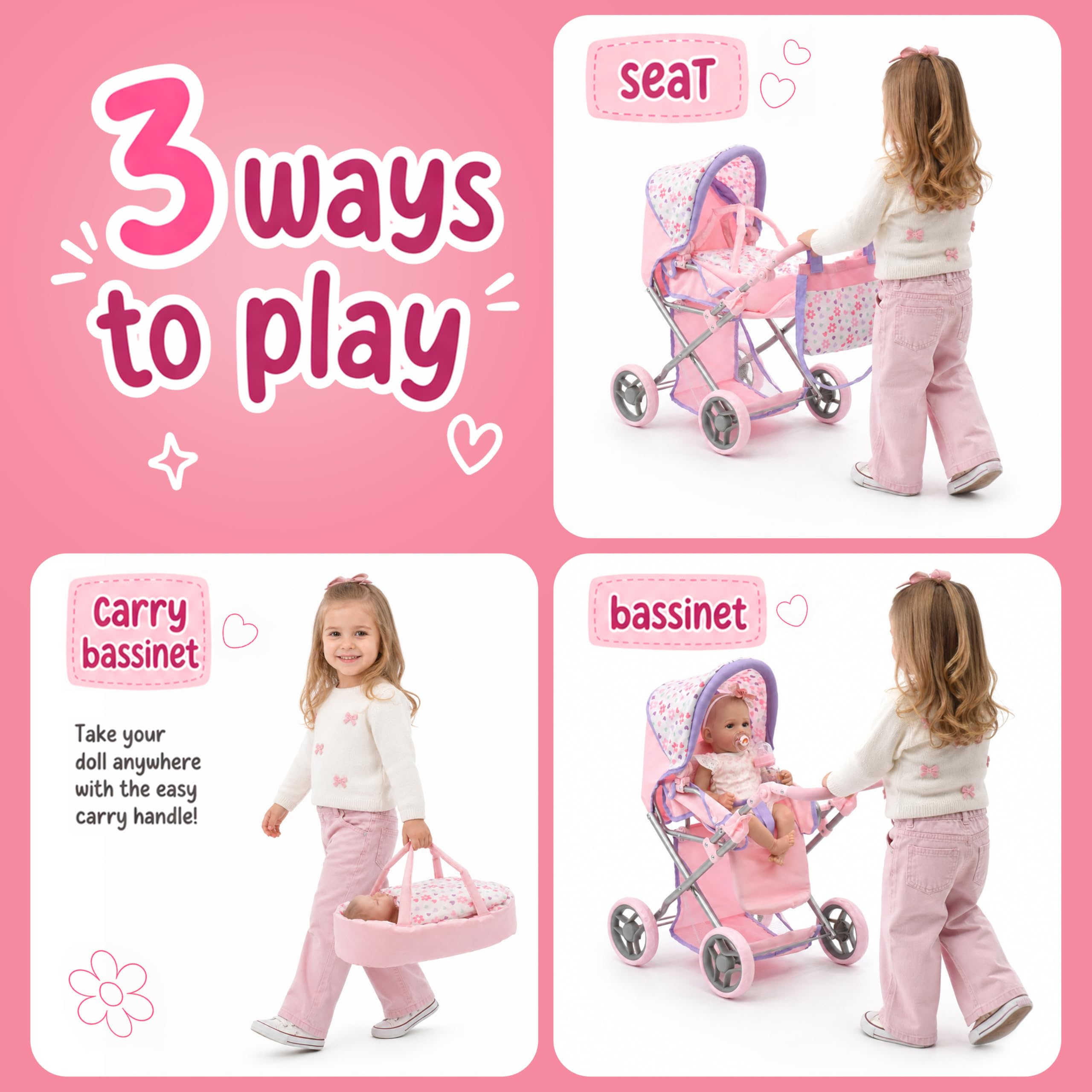 Baby Doll Convertible Pram Stroller with Removable Travel Bassinet Carrier for Kids Adjustable Handle Buggy Carriage with Canopy and Storage Basket 25 Inch Pink, Black