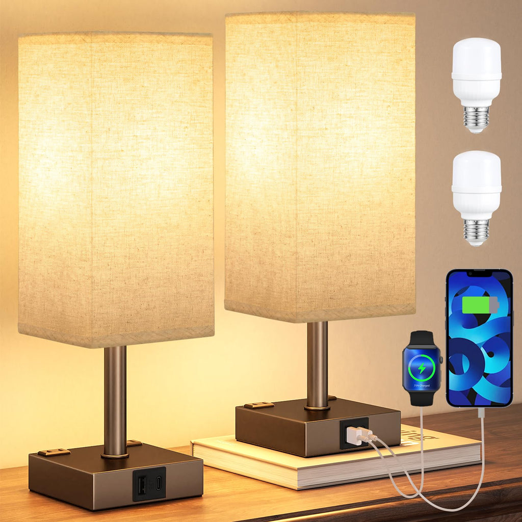 aooshine Set of 2 Touch Nightstand Lamp with USB-C+A Charge Ports& AC Outlets, 3-Way Dimmable Bedside Lamp with White Fabric Shade,Small Table Lamp for Bedroom Guest Room(Bulb Included)