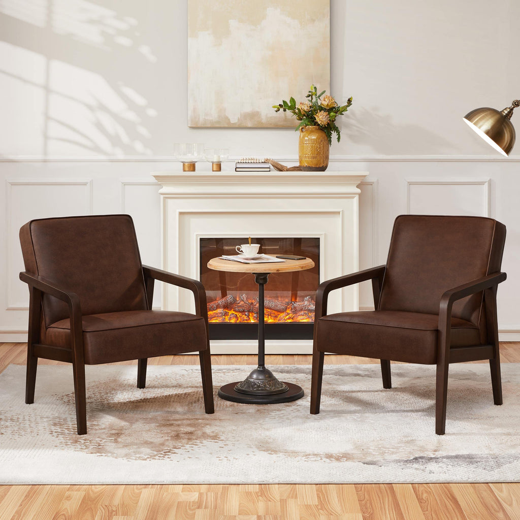 Yaheetech Accent Chair, PU Leather Reading Chair, Mid Century Modern Arm Chair with Solid Wood Frame for Living Room Bedroom Waiting Room, 2 Pieces, Black