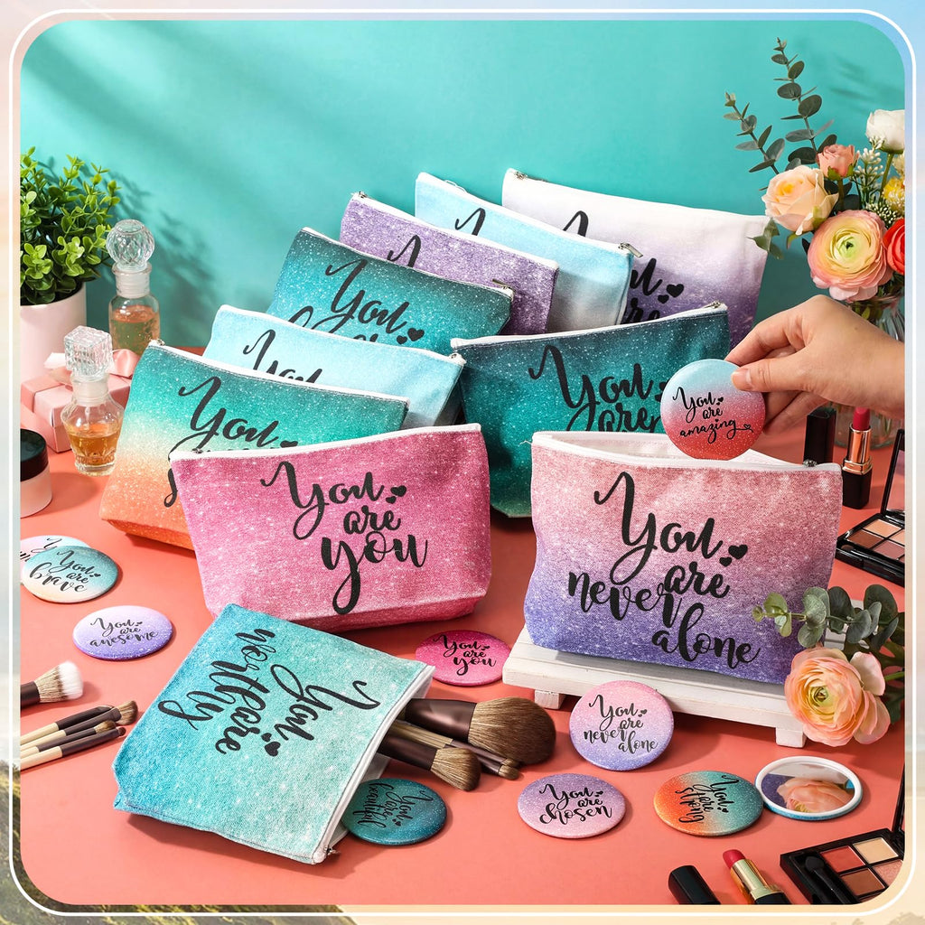 Vercraft 20 Pcs Employee Appreciation Gift for Women Inspirational Canvas Makeup Bag Portable Compact Mirror Bulk Cosmetic Bag Thank You Party Favor for Women Coworker Nurse (Bohemian,Boho)