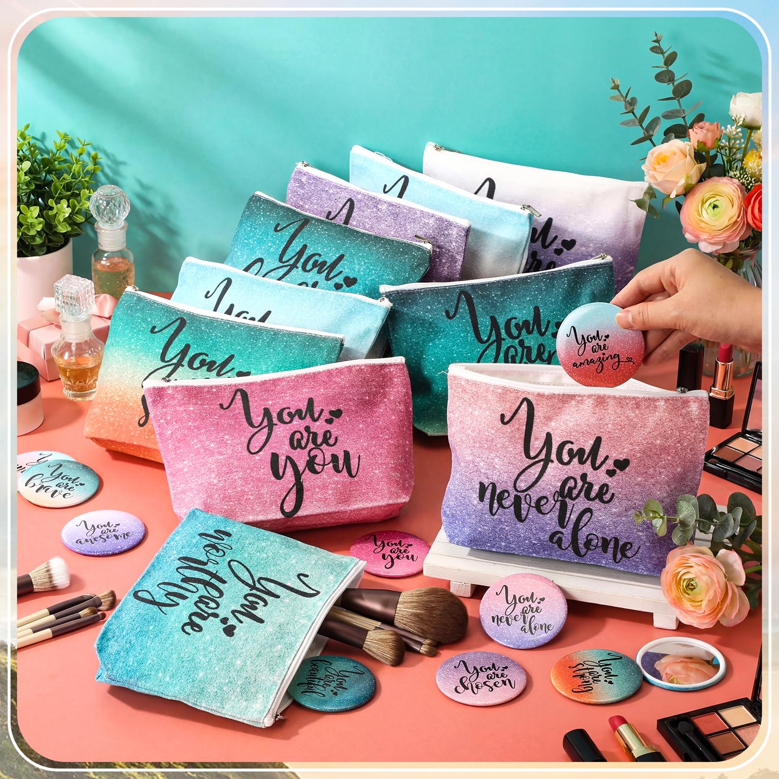 Vercraft 20 Pcs Employee Appreciation Gift for Women Inspirational Canvas Makeup Bag Portable Compact Mirror Bulk Cosmetic Bag Thank You Party Favor for Women Coworker Nurse (Bohemian,Boho)