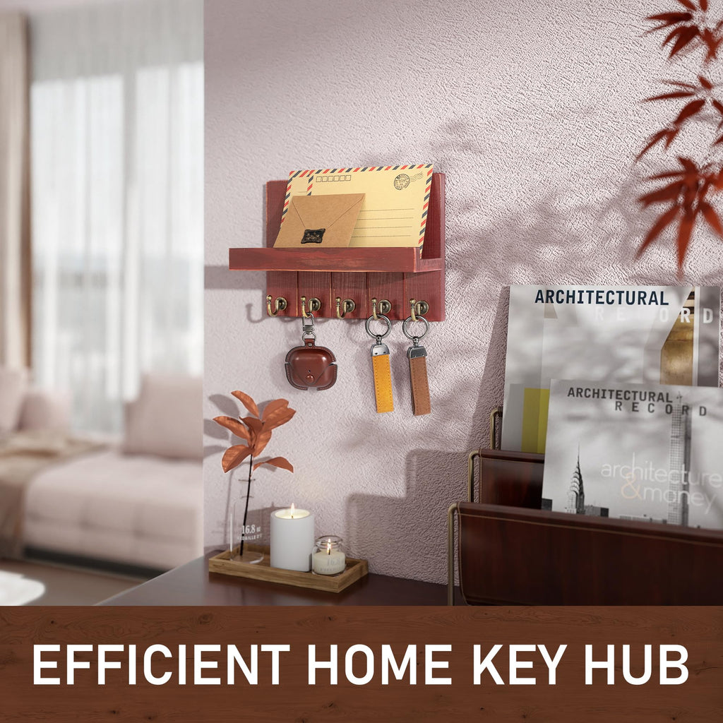 Rebee Vision Acacia Wood Key Holder Wall Mount – Farmhouse Key Holder for Wall & Mail Organizer with Shelf for Home Decor – Ideal for Apartment Essentials (Acacia Wood, 3.54" x 10" x 7.28")