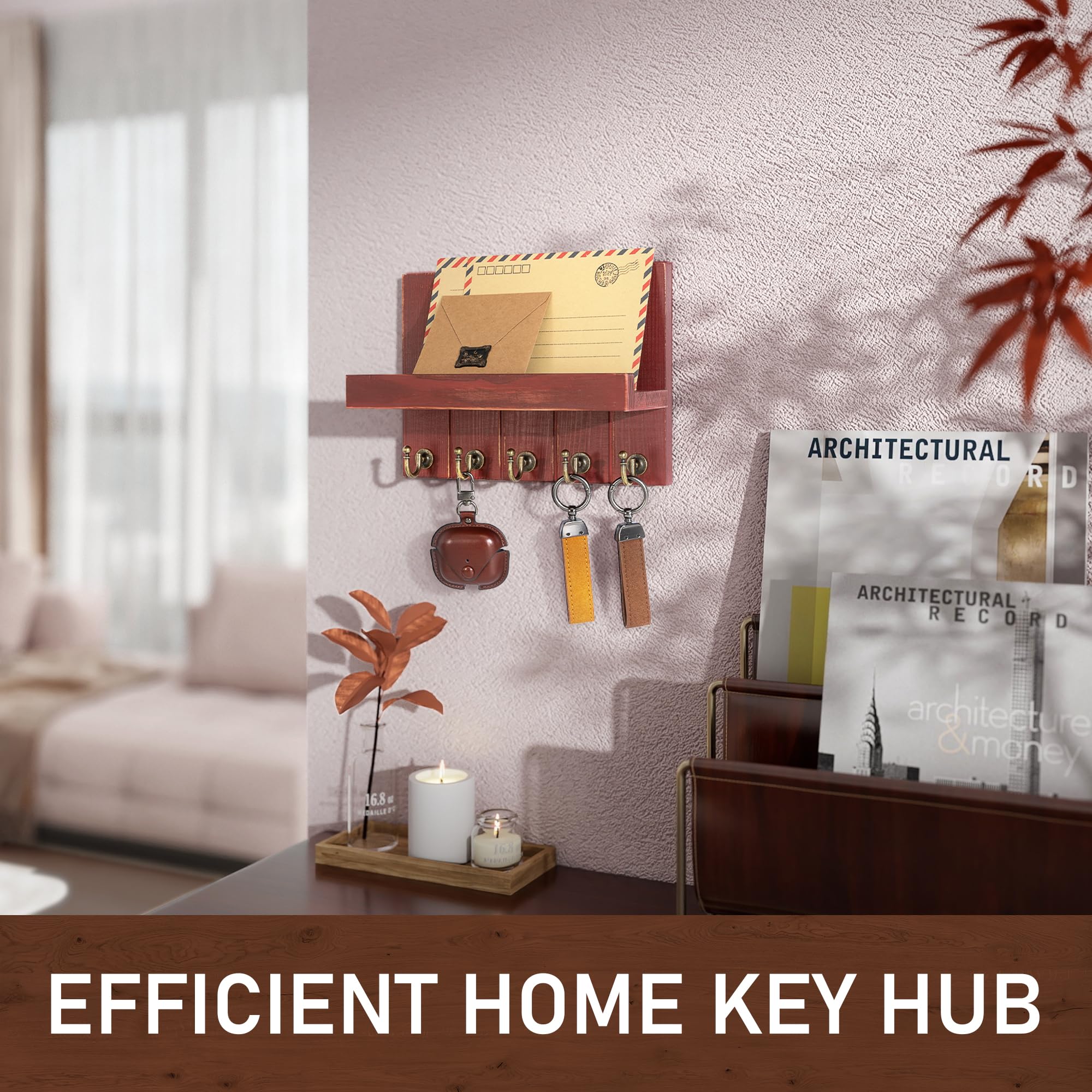 Rebee Vision Acacia Wood Key Holder Wall Mount – Farmhouse Key Holder for Wall & Mail Organizer with Shelf for Home Decor – Ideal for Apartment Essentials (Acacia Wood, 3.54" x 10" x 7.28")