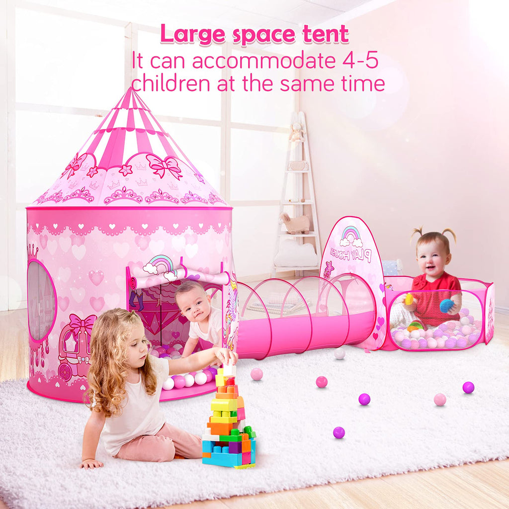 GeerWest 3PC Dinosaur Tent for Girls with Kids Ball Pit, Kids Play Tents and Crawl Tunnel for Toddlers, Pink Pop Up Playhouse Toys for Baby Indoor& Outdoor Tent Games, Birthday Kid’s Gifts